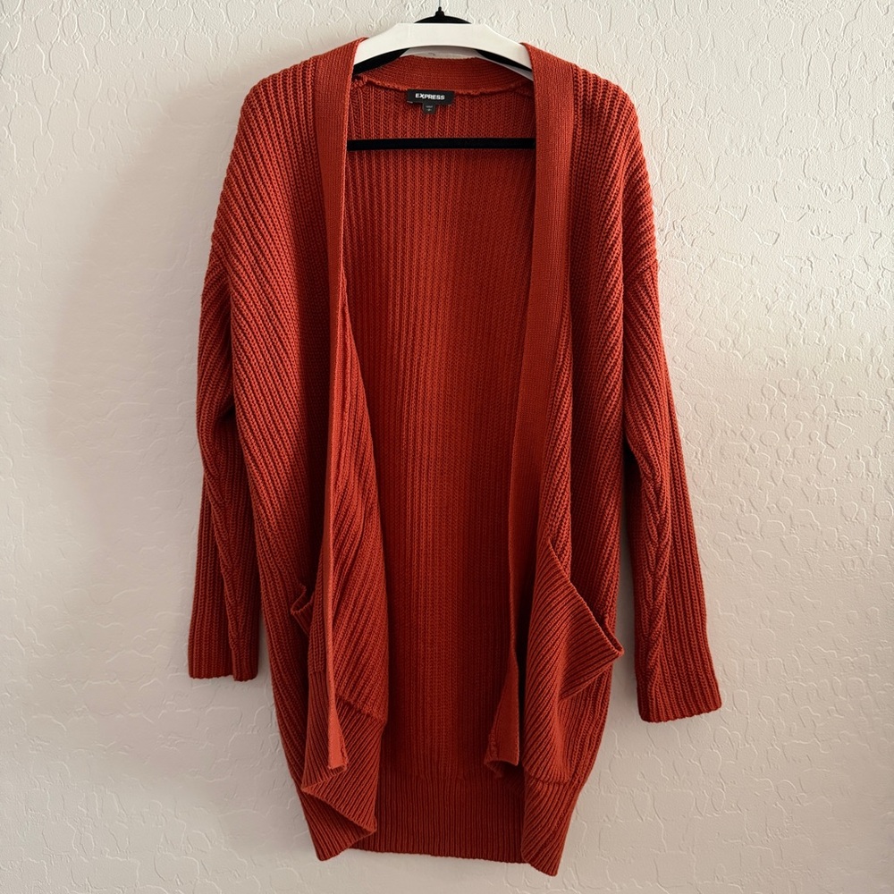 Express Women's Knit Open Front Oversized Cardigan‎ Burnt Orange Small